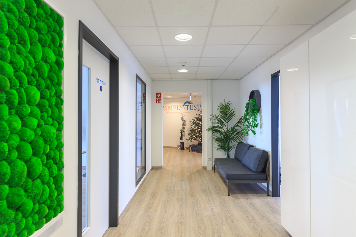 Heller Flur im neuen Büro in der Maxfeldstraße mit Mooswand, Pflanzen und Sitzbank