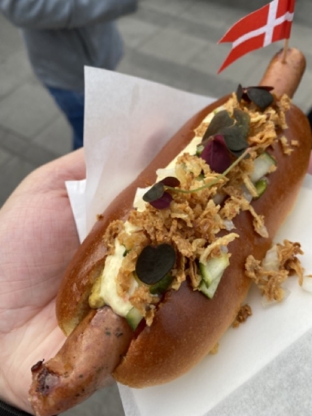 Ein dänischer Hotdog mit Röstzwiebeln und Gurken, dahinter eine kleine Dänemark-Fahne