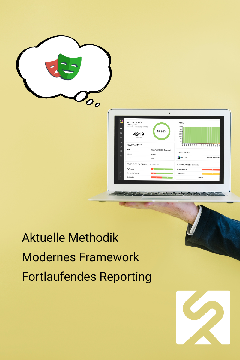 Laptop mit einem Testbericht auf einer Hand, daneben „Aktuelle Methodik, Modernes Framework, Fortlaufendes Reporting“