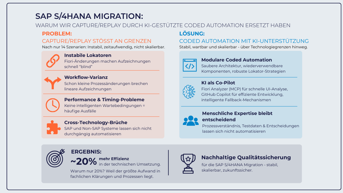 Infografik „SAP S/4HANA Migration“: Probleme von Capture/Replay gegenüber den Lösungen der KI-gestützten Coded Automation, Ergebnis rund 20 Prozent mehr Effizienz